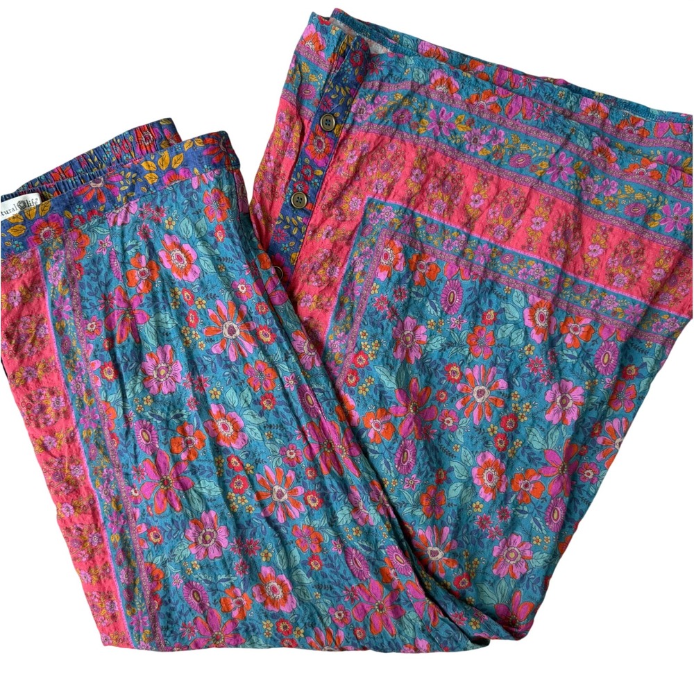 Natural Life Women XL Blue Pink Floral Button Front Maxi Skirt Boho Elastic Back